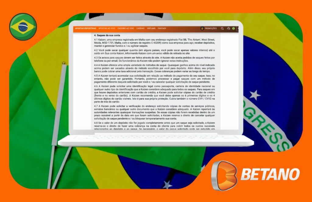 Termos e condições para retirada de dinheiro do site de apostas e cassino Betano Brasil